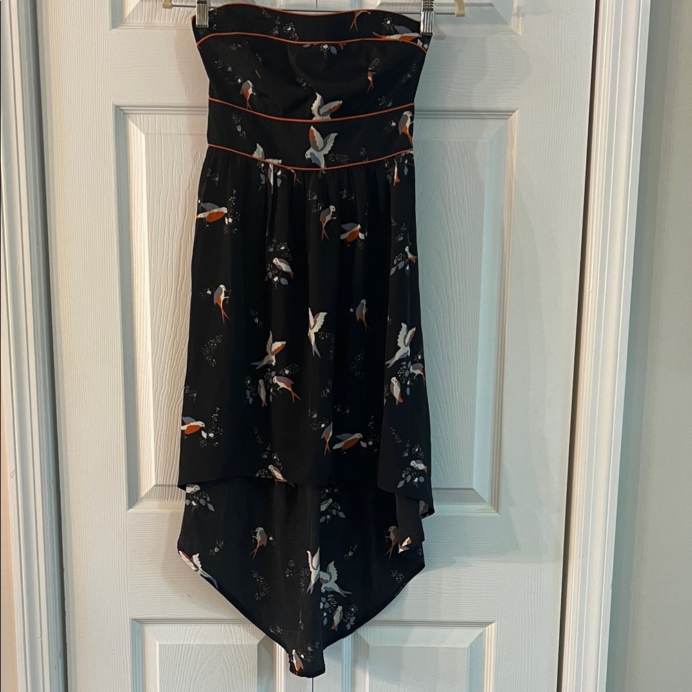 American Rag Black Strapless Dress with Beautiful Bird Print & Rust Accents